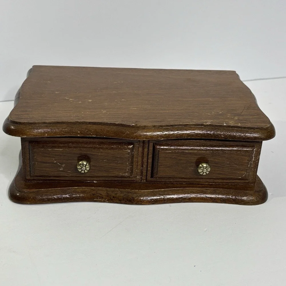 Vintage Wood Jewelry Box With Mirror Yellow Velvet Lining